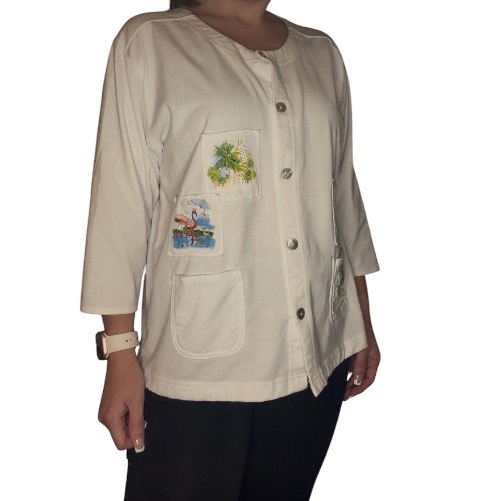 Palm Grove Womens White Tropical Flamingo Palm Tree Button Up Shirt Top Large